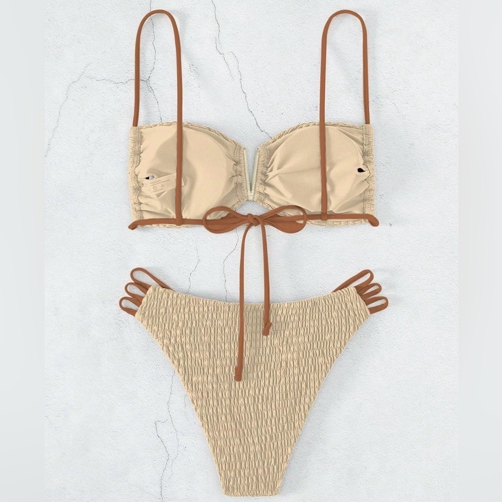 Bandeau Shirred V Wire High Cut Strappy Bottom Bikini - Picture 2 of 6